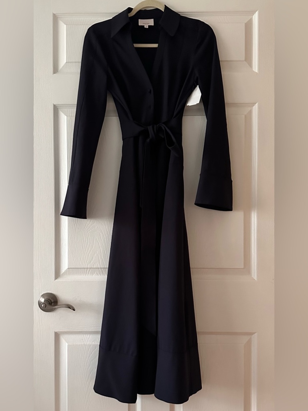 CINQ à SEPT   Kyla Long Sleeve Belted Midi Button Down Shirt Dress in Navy - Picture 6 of 8